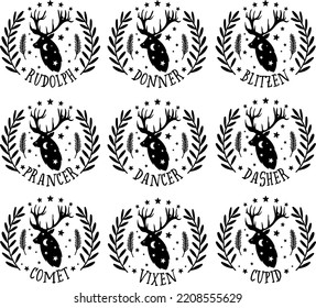 Reindeer names vector illustrations set. Christmas wreaths clipart