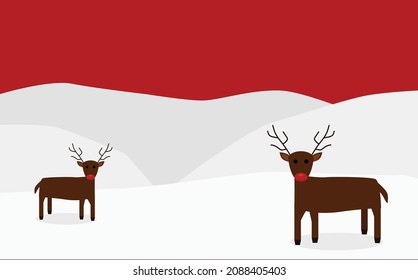 reindeer with nose next to mountains on snow with red background