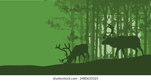 reindeer on the background of the forest. Misty Forest with Deer Family	