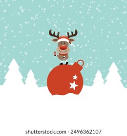 Reindeer On Christmas Ball In The Forest Snow Turquoise