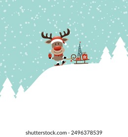 Reindeer On Mountain With Sledge In The Forest Snow Turquoise Dark Red