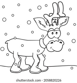 Reindeer on the mountain, vector funny illustration, coloring book for children. Black and white design.
