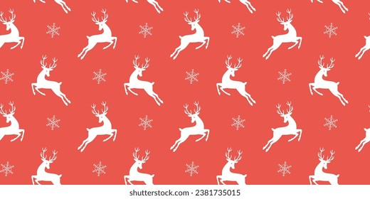 Reindeer on red background with snowflakes, vector Christmas illustration.