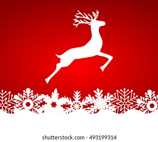 Reindeer on red background with snowflakes, vector illustration
