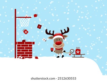 Reindeer On Roof Plays Basketball With Gifts Blue Dark Red