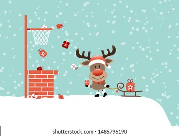 Reindeer On Roof With Sleigh Basketball Snow Turquoise