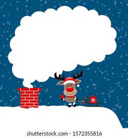 Reindeer On Roof With Sleigh Cloud Of Smoke Snow Dark Blue