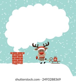 Reindeer On Roof Speech Bubble Made Of Smoke Turquoise Dark Red