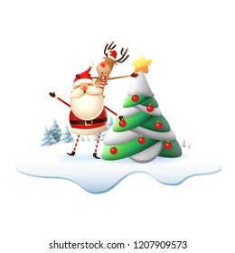 Reindeer on Santa Claus back put the star on Christmas tree. Illustration isolated on transparent background