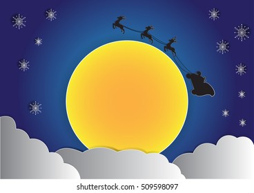 reindeer on sky with big moon and cloud background, christmas background, vector, copy space for text, illustration, paper cut and origami style