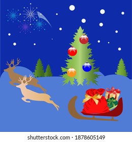 Reindeer on a sleigh carry gifts to children. Christmas tree decorated with bright toys. Festive fireworks explode in the sky. Merry christmas and happy new year. Vector illustration for postcards.
