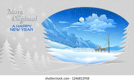 Reindeer on a snowy landscape with mountains and snowfall.