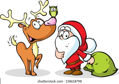 reindeer, owl and santa isolated on white background