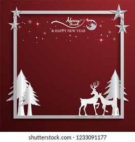 reindeer paper cut style on red background,christmas ,happy new year