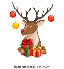 Reindeer peeking from behind the paper with red nose and gift. Christmas vector illustration. Cartoon deer full face or profile. Xmas holiday greeting card