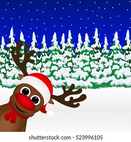Reindeer peeking sideways in the forest vector illustration holi