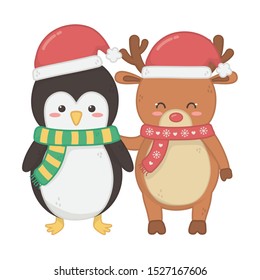 reindeer and penguin with hats and scarf decoration merry christmas vector illustration