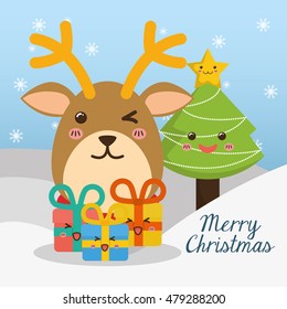 Reindeer and pine tree cartoon icon. Merry Christmas decoration and season theme. Colorful design. Vector illustration