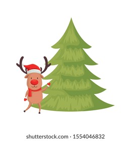 reindeer with pine tree of merry christmas vector illustration design