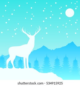 Reindeer with Pine Tree and Mountain Snow Christmas