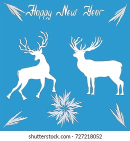 Reindeer playful running and elk - original snowflakes - hand-written inscription Happy New Year - art creative vector illustration