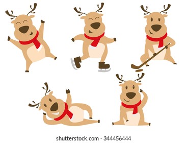 Reindeer Playing Ice Skating, Ice Hockey and Dancing