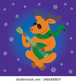 Reindeer playing the ukulele. square card. merry Christmas. vector 2D illustration