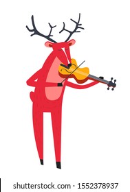 Reindeer playing violin. Cute animal deer plays music instrument, standing with closed eyes. Zoo concert. Kids nursery print in red and black. Isolated graphic vector illustration on white background.