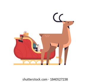 reindeer with present boxes on santa's sleigh happy new year merry christmas holidays celebration concept vector illustration