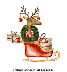 Reindeer with presents in sleigh vector for christmas. Vector clip art illustration