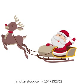 Reindeer pulling Santa Claus.Vector illustration in cartoon style. Isolated on a white background.