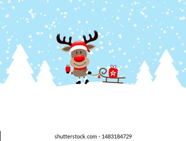 Reindeer Pulling Sleigh With Gift Snow And Forest Blue