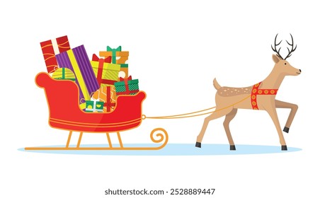 A reindeer is pulling a sleigh with lots of presents for Christmas.
