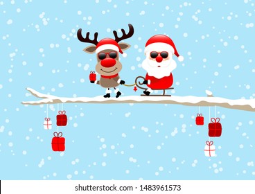 Reindeer Pulling Sleigh With Santa Sunglasses On Bough Blue