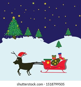 The reindeer pulls the sleigh full of presents on Christmas