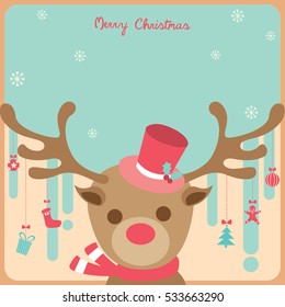 Reindeer put on red hat decorated with ornaments for Christmas card.