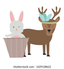 reindeer and rabbit with feathers hat and basket bohemian style