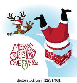 Reindeer reaches for Santa stuck in the chimney EPS 10 vector illustration