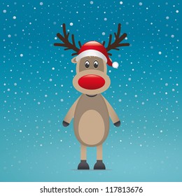 reindeer with red hat blue snow background