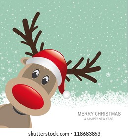 reindeer red hat snow snowflake green background