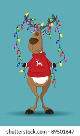 Reindeer in red jumper holding a line of light-bulbs which are tangled in its antlers