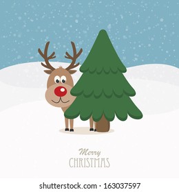reindeer red nose behind tree snowy background