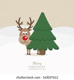 reindeer red nose behind tree snowy background