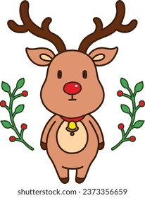 Reindeer with the red nose character illustration. Drawing of a deer standing with Christmas ornament. Winter holiday digital sticker design.