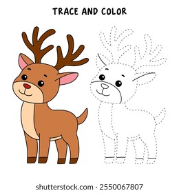 Reindeer with Red Nose coloring page for kids. Reindeer with Red Nose isolated on white background. Holiday seasons worksheet printable for kids. Christmas worksheet.