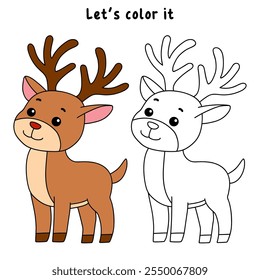 Reindeer with Red Nose coloring page for kids. Reindeer with Red Nose isolated on white background. Holiday seasons worksheet printable for kids. Christmas worksheet.