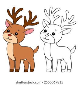 Reindeer with Red Nose coloring page for kids. Reindeer with Red Nose isolated on white background. Holiday seasons worksheet printable for kids. Christmas worksheet.