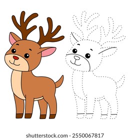 Reindeer with Red Nose coloring page for kids. Reindeer with Red Nose isolated on white background. Holiday seasons worksheet printable for kids. Christmas worksheet.