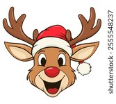 Reindeer with red nose and hat. Cartoon illustration