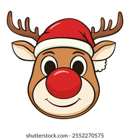 Reindeer with red nose and hat. Cartoon illustration